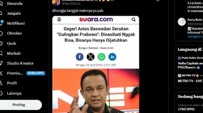 [CEK FAKTA] Hoaks! Anies Baswedan Serukan Gulingkan Presiden Prabowo di Artikel Suara.com