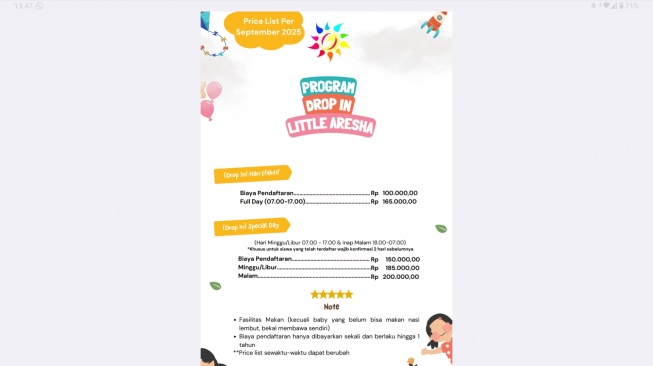 Program tambahan Little Aresha dan biayanya (dok. Shevinna putti/suara.com)