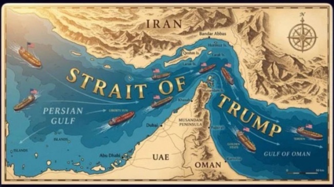 Presiden Amerika Serikat, Donald Trump, kembali memicu kontroversi setelah mengunggah gambar editan yang mengganti nama Selat Hormuz menjadi Selat Trump di platform Truth Social. [Istimewa]