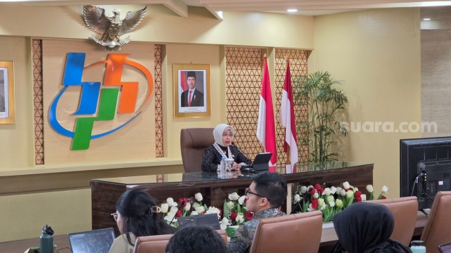 Kepala BPS, Amalia Adininggar Widyasanti di Kantor BPS RI, Jakarta, Selasa (5/5/2026). [Suara.com/Fakhri]