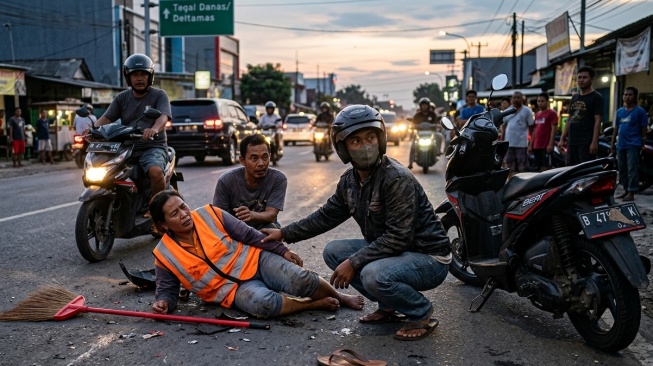 Viral  Pemotor di Cikarang Tabrak Penyapu, Pura-pura Menolong Lalu Kabur Sambil Buang Sandal Korban!