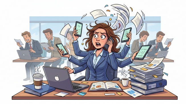 Ilustrasi pekerja kantoran sedang hectic saat bekerja. [Gemini AI]