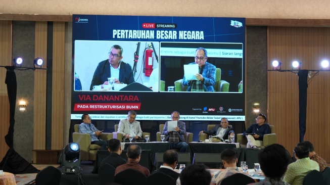 Debat Publik bertajuk &ldquo;Pertaruhan Besar Negara via Danantara pada Restrukturisasi BUMN&rdquo; yang digelar Nagara Institute bersama program Akbar Faizal Uncensored di Jakarta. [Danatara]