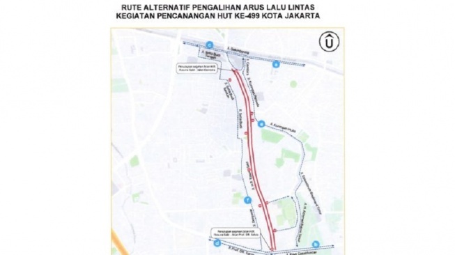 Rute alternatif pengalihan arus lalu lintas saat kegiatan Pencanangan HUT ke-499 Kota Jakarta di Jalan HR Rasuna Said, Jakarta, pada Minggu, 10 Mei 2026. ANTARA/HO-Pemprov DKI Jakarta.