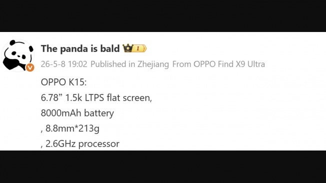 Bocoran Oppo K15. [Gizmochina]
