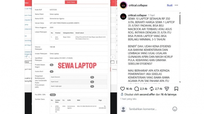 Data anggaran sewa laptop Kementerian Agama. 