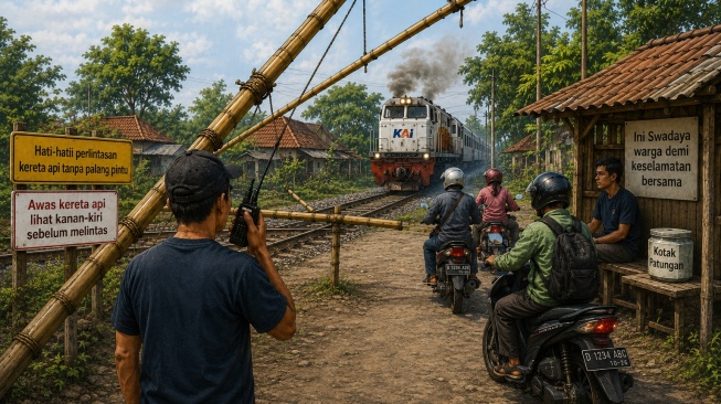 Palang Bambu dan HT Patungan, Warga Pertaruhkan Nyawa Jaga Perlintasan Liar