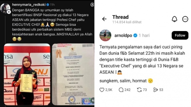 Chef Arnold sentil Henny Maria karena pamer sertifikat chef yang diklaim diakui 13 negara ASEAN.