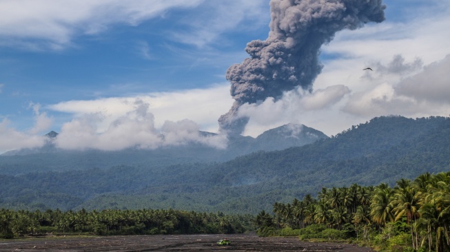 Foto udara Gunung Dukono mengeluarkan abu vulkanik terlihat dari Desa Mamuya, Kecamatan Galela, Kabupaten Halmahera Utara, Maluku Utara, Selasa (12/5/2026). [ANTARA FOTO/Andri Saputra/sgd]