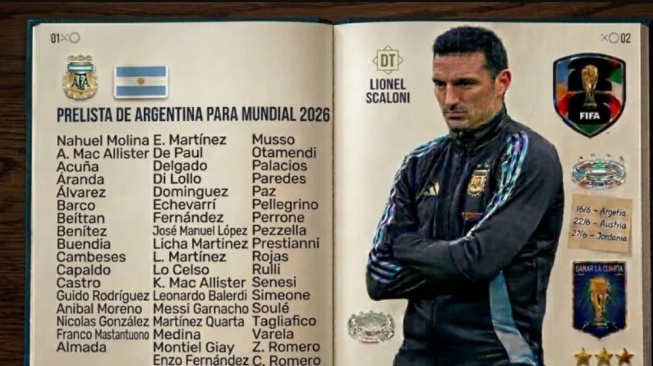 Pelatih Timnas Argentina, Lionel Scaloni, resmi mengumumkan daftar sementara skuad tim Tango di Piala Dunia 2026. [Istimewa]