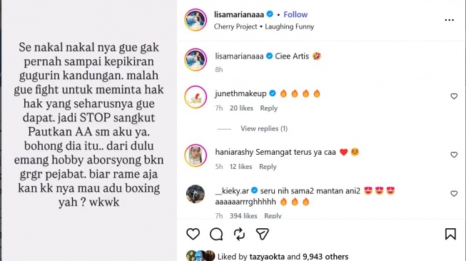 Lisa Mariana mengungkap kalau Ayu Aulia sering melakukan aborsi hingga rahimnya diangkat. [Instagram]