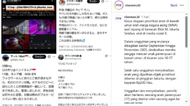 Prostitusi anak di Blok M diduga libatkan WNA Jepang. [tangkapan layar]