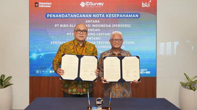 Penandatangana MoU PT Biro Klasifikasi Indonesia (BKI) dan PT Mutuagung Lestari untuk menjajaki kerja sama di bidang jasa Testing, Inspection, Certification, and Consultation (TICC) di Jakarta, Selasa (12/5/2026). [Handout]