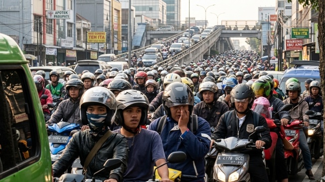 Ilustrasi lautan kendaraan bermotor di Jawa Barat. [Suara.com/Gemini Ai]