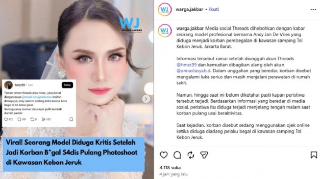 Model wanita bernama Ansy Jan De Vries dikabarkan menjadi korban begal  di kawasan Kebon Jeruk, Jakarta Barat. [Suara.com/Instagram]