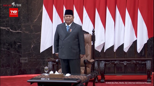Presiden Prabowo Subianto tiba di ruang rapat paripurna Gedung Nusantara, Kompleks DPR RI, Senayan, Jakarta, Rabu (20/5/2026).