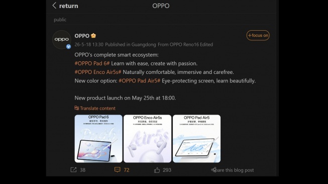 Bocoran peluncuran Oppo Reno 16. [Weibo]
