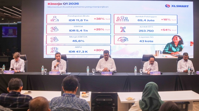 (kiri ke kanan) Direktur & Chief Commercial Officer XLSMART, David Arcelus Oses, Direktur & Chief Financial Officer XLSMART, Antony Susilo, Presiden Direktur & CEO XLSMART, Rajeev Sethi, Direktur&Chief Regulatory Officer XLSMART, Merza Fachys dan Direktur & Chief Technology Officer XLSMART, Shurish Subbramaniam dalam acara Paparan Publik Rapat Umum Pemegang Saham XLSMART 2026 di Kantor XLSMART Tower, Jakarta Selatan. Rabu (20/5/2026). [HO]
