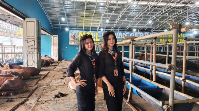 Sales Promotion Girl atau SPG ala pramugari berpose di mall hewan kurban Haji Doni, Depok, Jawa Barat. [Suara.com/Tsabita]