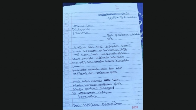 Surat siswa SD di Sumbawa minta MBG ke Presiden Prabowo. (bidik layar)