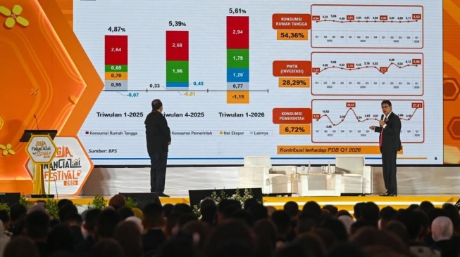 Menkeu Purbaya di acara Jogja Financial Festival 2026 di JEC pada Jumat, 22 Mei 2026 (Instagram/menkeuri)