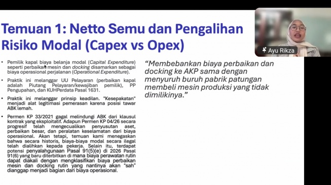 Peneliti DFW Indonesia, Ayu Rizka, menjelasakan hasil riset pengupahan AKP yang dilakukan rentang 2024-2025 pada Senin (25/5/2026). [Sumber: Tangkapan layar]