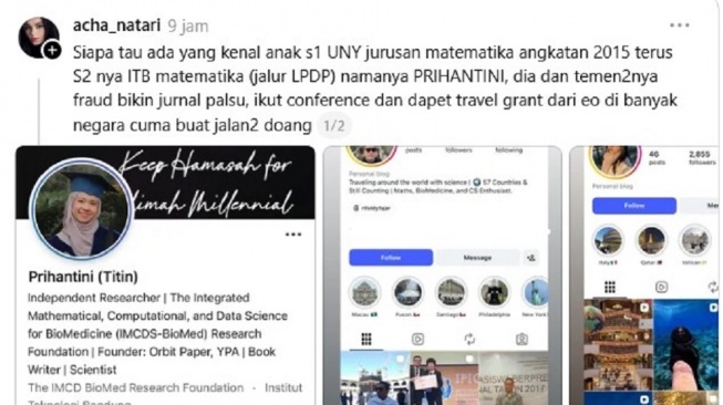 Dua alumni Universitas Negeri Yogyakarta (UNY) viral usai diduga palsukan riset untuk memperoleh travel grant atau fasilitas perjalanan ke luar negeri. [Istimewa]