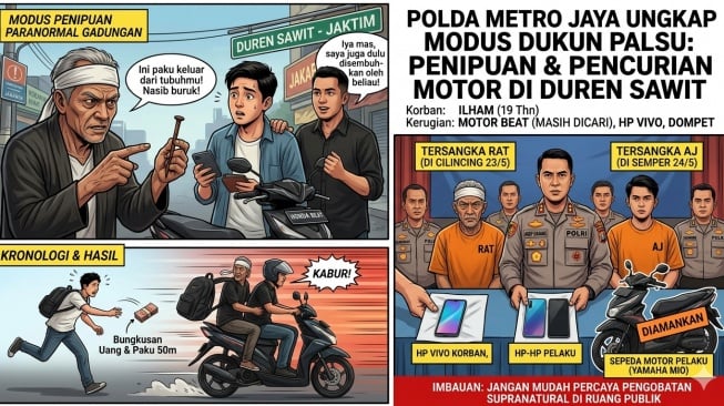 Ilustrasi - Polda Metro Jaya menangkap dua pelaku penipuan modus paranormal di Duren Sawit, Jakarta Timur. [Suara.com/Gemini Ai]