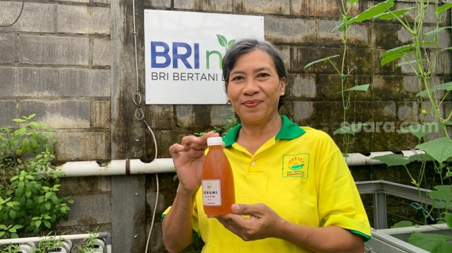 Ketua KWT Mentari, Sri Harnani, membawa minuman seruni di dalam greenhouse kebun sayuran. (Suara.com/Irwan Febri)