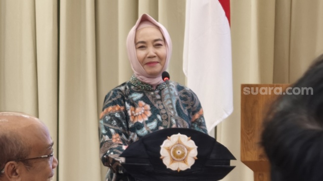 Mantan Kepala BMKG, Dwikorita Karnawati dalam seminar sinergi UGM-Kagama di UGM, Yogyakarta, Sabtu (30/6/2026).(Suarajogja.id/Putu Ayu Palupi)