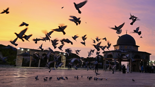 Burung dara beterbangan di kawasan Masjidil Aqsa, Kota Tua Al-Quds (Yerusalem), Palestina. [ANTARA FOTO/Muhammad Adimaja]