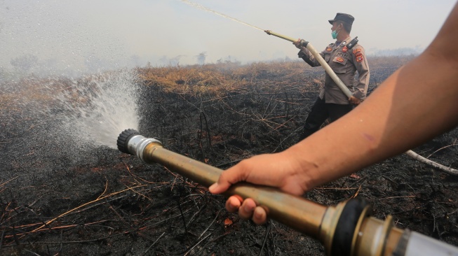 Personel Polres Aceh Barat melakukan upaya pemadaman dan pendinginan saat penanganan kebakaran hutan dan lahan (karhutla) di kawasan lahan gambut Desa Kuta Padang, Kecamatan Bubon, Aceh Barat, Aceh, Senin (1/6/2026). [ANTARA FOTO/Syifa Yulinnas/wsj]