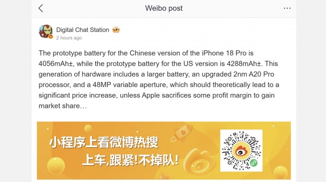 Bocoran iPhone 18 Pro. [Weibo]