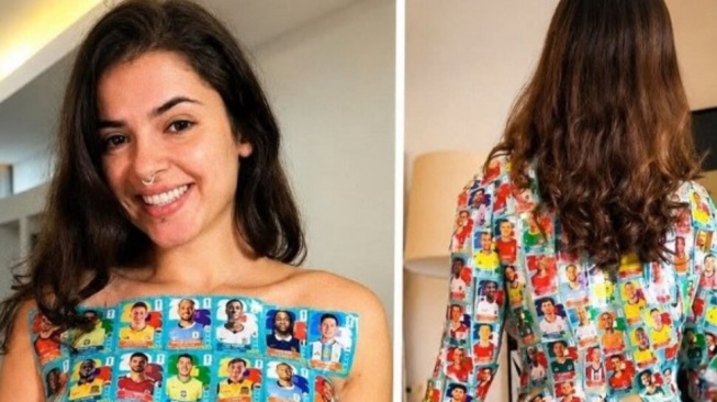 Seorang influencer asal Brasil, Carolay Chaves, menjadi sorotan setelah tampil unik dengan menempelkan ratusan stiker Piala Dunia di tubuhnya dalam sebuah sesi pemotretan. [Istimewa]