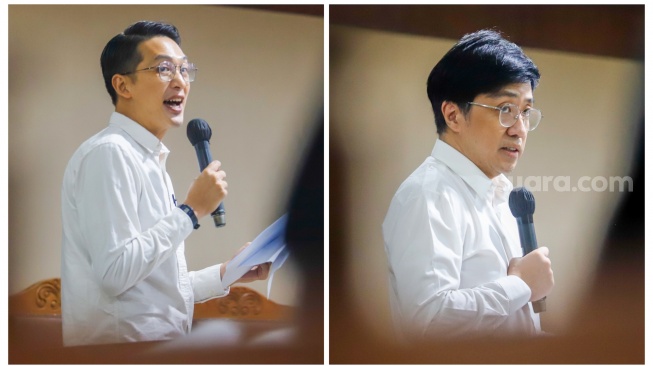 Foto kolase Terdakwa kasus dugaan korupsi dan tindak pidana pencucian uang (TPPU) terkait investasi MDI Venture dan BRI Ventures ke PT Tani Group Indonesia (Tanihub) William Gozali (kiri) dan Nicko Widjaja (kanan) membacakan pledoinya saat menjalani sidang lanjutan di Pengadilan Tipikor, Jakarta, Rabu (3/6/2026). [Suara.com/Alfian Winanto]