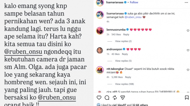 Unggahan Lisa Mariana soal Ruben Onsu dan Sarwendah [Instagram/@lisamarianaaa]