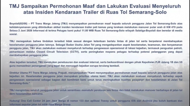 PT Trans Marga Jateng meminta maaf atas insiden viral truk trailer putar balik (X)