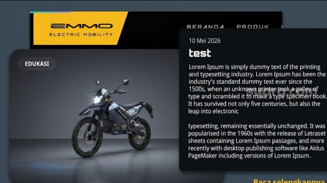 Website resmi motor listrik BGN berisi teks dummy Lorem Ipsum (Emmo)