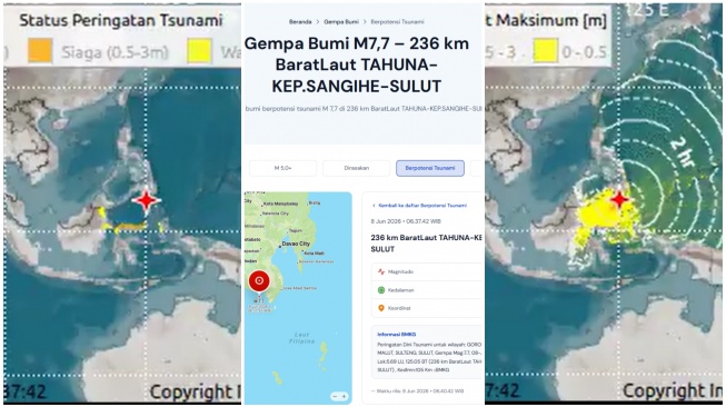 Gempa M7.7! BMKG Keluarkan Peringatan Dini Tsunami ke 22 Wilayah di Sulut hingga Kaltim