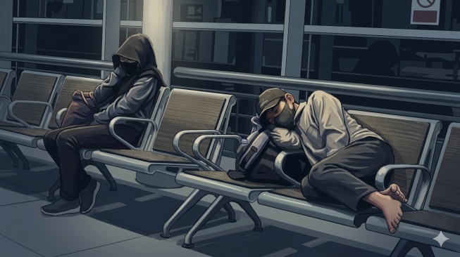 Ilustrasi-Potret pekerja Jakarta kelelahan dan tertidur di kursi stasiun kereta. [Suara.com/Ai]