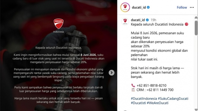 Pernyataan Ducati terkait kenaikan harga 20 persen untuk sparepart motor (Instagram)
