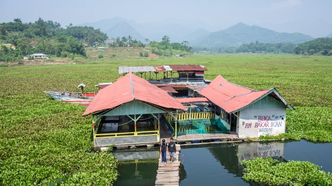 Dua orang anak melintasi jembatan di atas aliran sungai Citarum yang dipenuhi eceng gondok di Cililin, Kabupaten Bandung Barat, Jawa Barat, Kamis (11/6/2026). [ANTARA FOTO/Abdan Syakura/foc]