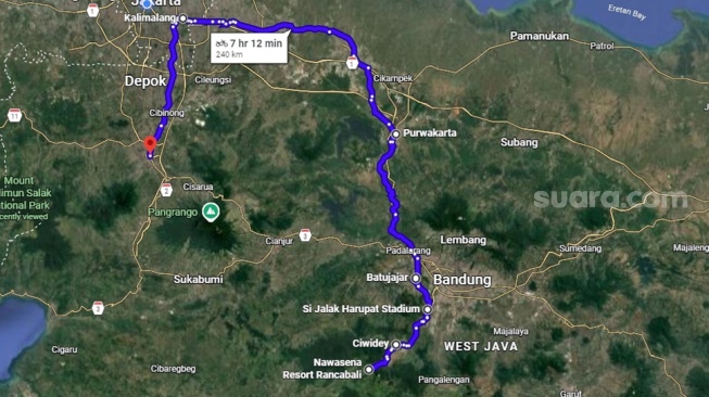 Rute touring Rancabali- Ciwidey- Padalarang- Purwakarta - Jakarta - Bogor yang kami tempuh di atas motor Honda PCX 160 RoadSync dari PT Astra Honda Motor. [Suara.com/Google Maps]