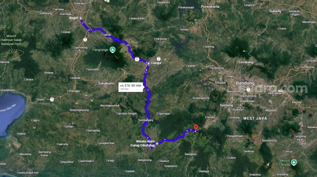 Rute touring Bogor - Cianjur - Sukanagara - Rancabali yang kami tempuh di atas motor Honda PCX 160 RoadSync dari PT Astra Honda Motor. [Suara.com/Google Maps]