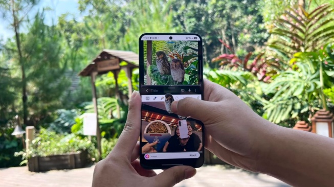 Cara membuat scrapbook digital dengan Multi Window dan Drop & Drag di Samsung Galaxy A57 5G. [Samsung Indonesia]