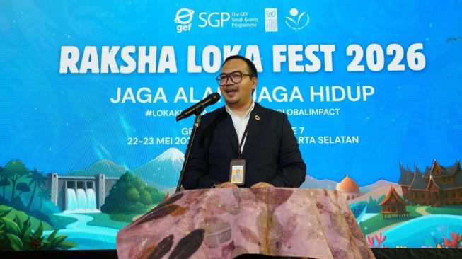 Koordinator Nasional GEF SGP Indonesia Sidi Rana Menggala saat membuka acara Raksha Loka Fest 2026 di M Bloc Space.(Dokumentasi pribadi)