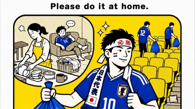 Aksi suporter Jepang membersihkan stadion di Piala Dunia 2026 menuai kritik. Isu ketimpangan gender dan pembagian tugas rumah tangga jadi sorotan. [Dok. x/@atsukotamada]