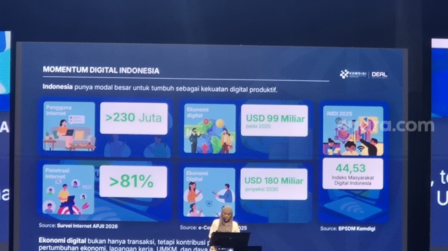 Menteri Komunikasi dan Digital (Menkomdigi) Meutya Hafid di DEAL, Jakarta, Selasa (23/6/2026). [Suara.com/Dythia]