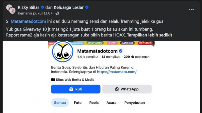 Rizky Billar hasut publik untuk jatuhkan akun Facebook Matamata.com