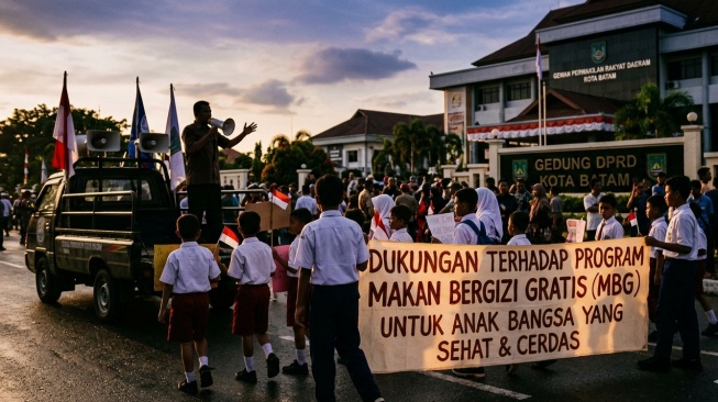 Ilustrasi aksi anak-anak dukung MBG di Batam. (Gambar dibuat dengan AI)
